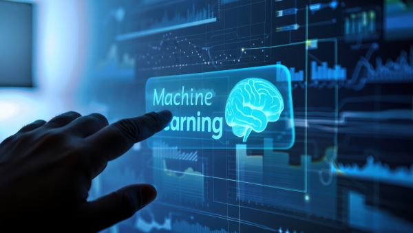 Computer display showcasing the words "machine learning" hovering about graphs and analytics with a human fingers - A hand interacts with a futuristic interface displaying the words machine learning and a glowing brain
