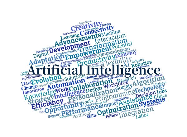 Artificial Intelligence Word Cloud. Focusing on key topics like automation, work, ethics, learning, and innovation, exploring AI's impact on society and the future of labor.