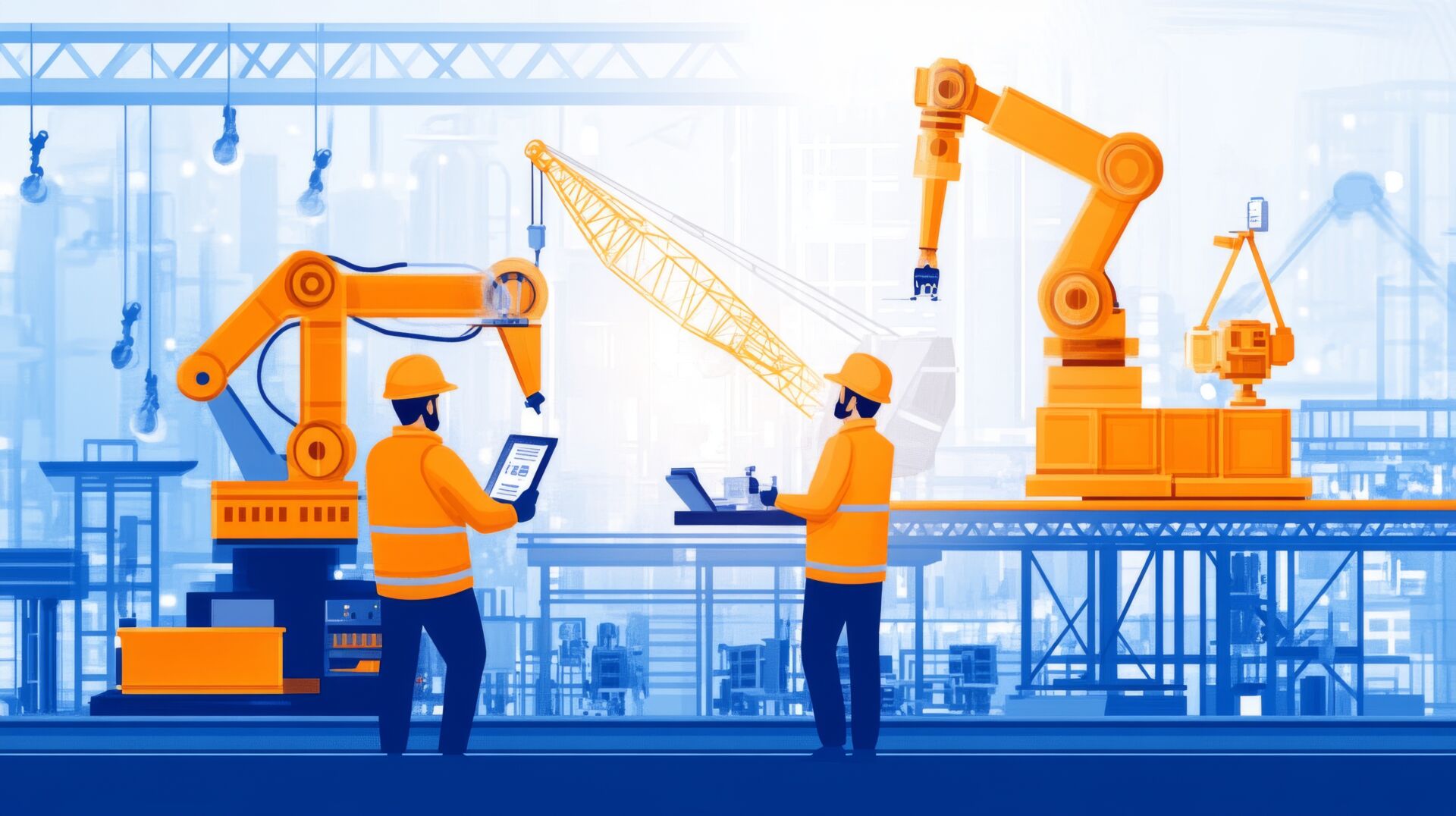 Two engineers supervise robotic arms working in a futuristic factory setting. How Manufacturers Can Accelerate Time-to-Productivity with Systemized Competency Management